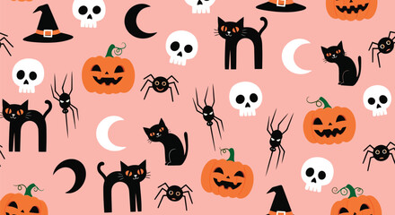Halloween pattern with pumpkins, black cats, skulls, and witch hats