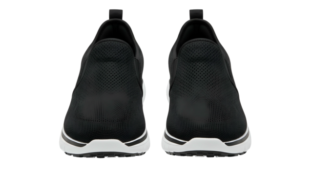 Pair of modern athletic slip on shoes display frontally against a dark background