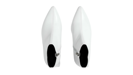 Pair of sleek white ankle boots presented against a solid black background