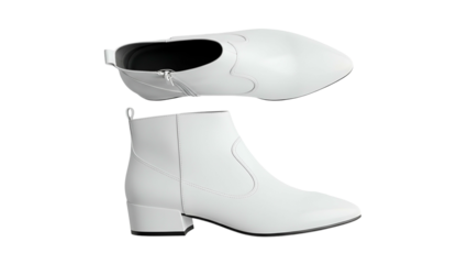 Two views of modern white ankle boots rendered against a solid black background