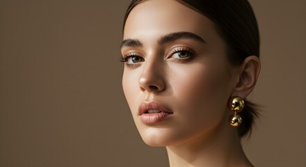 Fototapeta premium Elegant portrait of a woman with golden earrings against a neutral backdrop