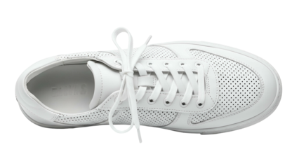 Clean white leather athletic footwear features perforated details and untied laces against a dark background.