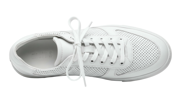 Clean white leather athletic footwear features perforated details and untied laces against a dark background.