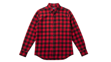 Long sleeve collared garment featuring a classic red and black checkered pattern is displayed against a solid black background