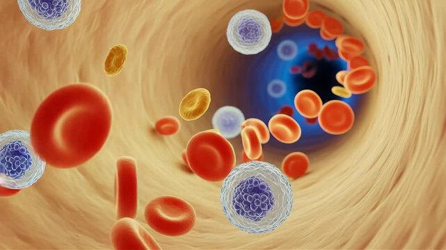 Microscopic view of blood cells flowing through a vessel, including red and white blood cells