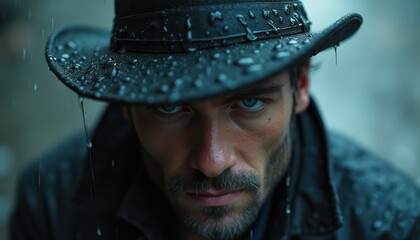 Intense man in wet jacket and hat outdoors in rainy urban setting