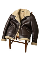 Classic brown leather aviator flight jacket with shearling collar isolated on transparent background