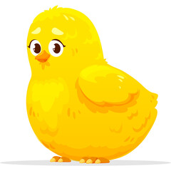Cute Cartoon Yellow Chick Fowl With Big Brown Eyes And Orange Beak Looking Sad On Transparent Background Flat Design