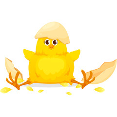 Cute Cartoon Yellow Chick Hatching From A Cracked Eggshell With Tiny Yellow Feathers Scattered Around Its Feet Against A Transparent Background In A Playful Pose