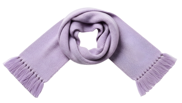 Knitted lavender neck covering accessory is folded and displayed against a dark background