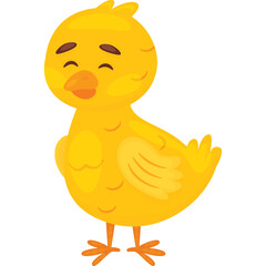 Cute Cartoon Yellow Chick Standing with Closed Eyes and Smiling Beak on Transparent Background Simple Illustration