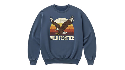 Garment displaying graphic artwork featuring a soaring raptor above a striped horizon