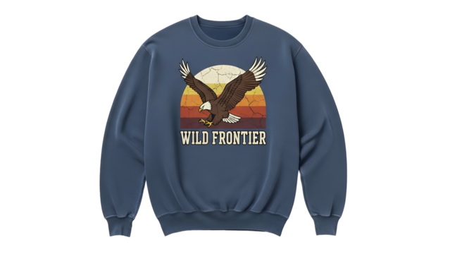 Garment displaying graphic artwork featuring a soaring raptor above a striped horizon - Powered by Adobe