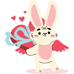 Cute Cupid Bunny Character With Pink Wings Holding a Heart Shaped Candy Box Tied With Blue Ribbon and Small Hearts Floating Around on Transparent Background
