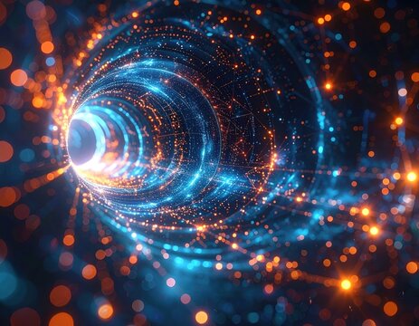 Digital wormhole of light and data. Abstract tunnel with particles