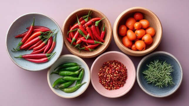 Overhead View of Six Ceramic Bowls Containing Red Chili Peppers Green Chili Peppers Cherry Tomatoes and Herbs Arranged on a Light Purple Surface - Powered by Adobe