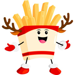 Cute French Fries Cartoon Character Wearing Antlers And Mittens Happy Expression In Christmas Theme Festive And Cheerful Isolated On Transparent Background