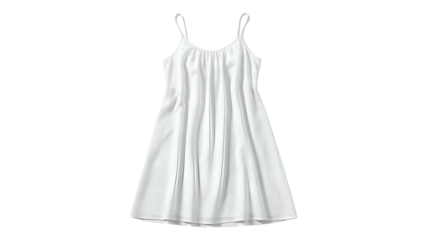 Plain white summer slip dress hangs centered against a solid black background