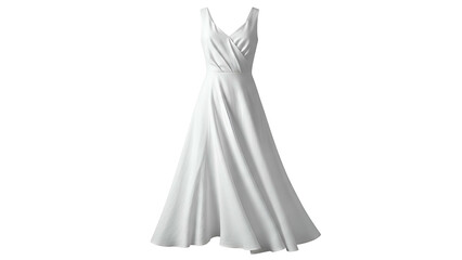 Elegant long white satin garment floats suspended against a dark background