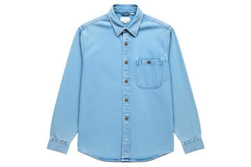 Light blue long-sleeve button-up denim shirt with pocket isolated on transparent background