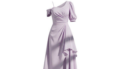 Elegant light purple formal gown featuring an off shoulder design and ruched bodice detail