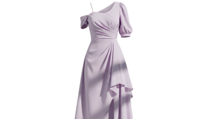 Elegant light purple formal gown featuring an off shoulder design and ruched bodice detail