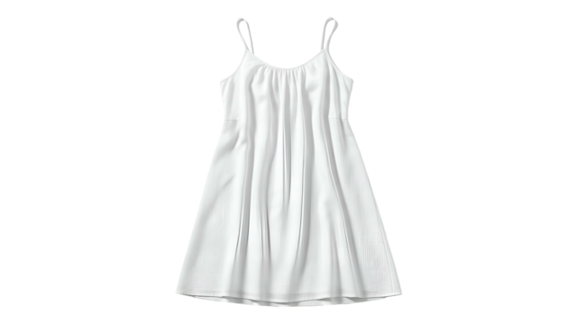 Plain white summer slip dress hangs centered against a solid black background
