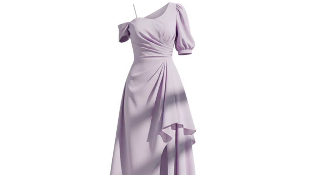 Elegant light purple formal gown featuring an off shoulder design and ruched bodice detail
