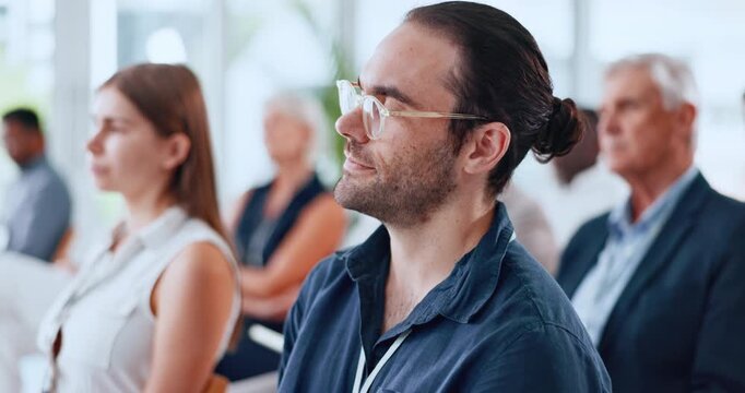 Conference, crowd and listening with business man in convention center for development workshop. Attention, audience and education with employee group in auditorium for professional tradeshow