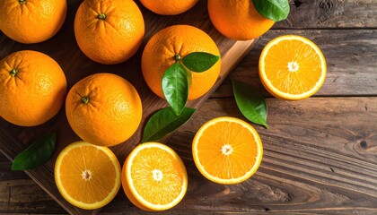 Overhead shot of whole and sliced vibrant oranges on wooden surface