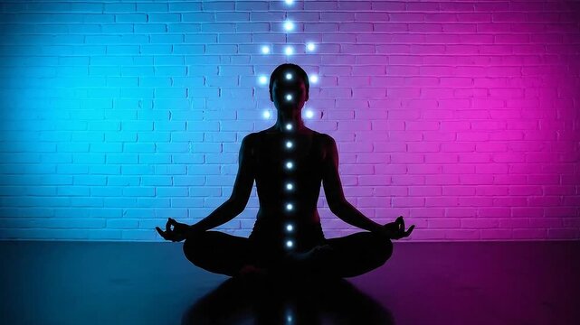 Silhouette Meditation with Glowing Chakra Points on a Blue and Pink Brick Background Serene Figure in Lotus Position with Glowing Energetic Centers Peaceful Mindfulness Practice