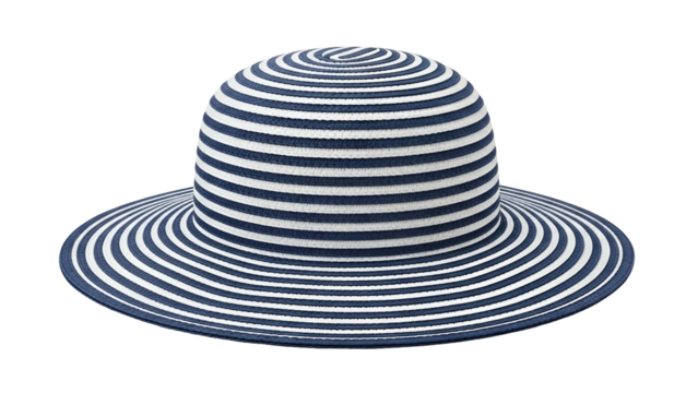Striped wide brim sun protection headwear rendered against a black background