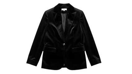 Luxurious black velvet single breasted jacket displayed against a dark background