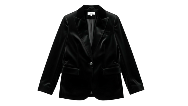 Luxurious black velvet single breasted jacket displayed against a dark background