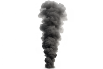 Dark smoke plume column on transparent background representing pollution, fire, and industrial emissions