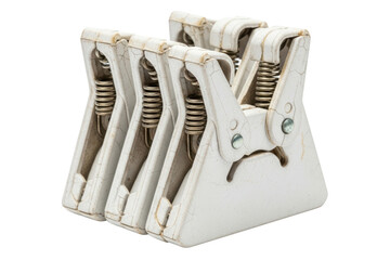 Four old white plastic clothespins with cracked texture isolated on transparent background