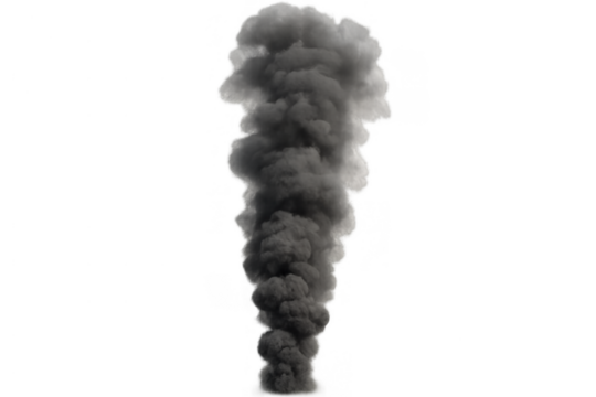 Dark smoke plume column on transparent background representing pollution, fire, and industrial emissions