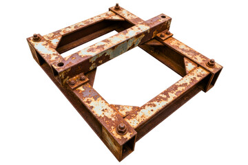 Old rusted square industrial metal frame with peeling paint isolated on transparent background