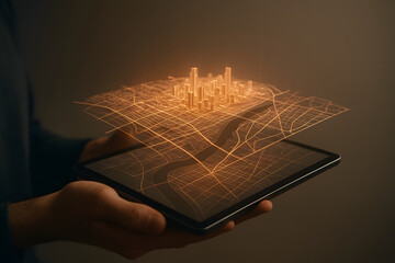 Urban planners hands using smart city traffic app tablet with holographic city map
