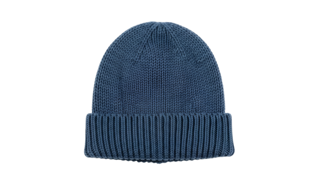 Knit fabric winter head covering displays prominent ribbing on its folded cuff