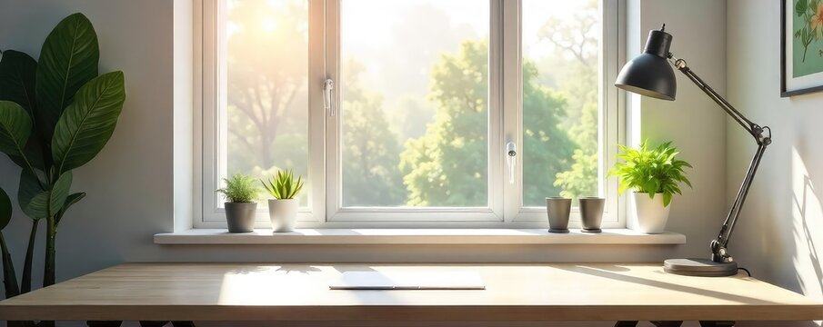 Clean, simple workspace featuring a modern window with natural light streaming in, highlighting minimalist decor and empty desk space, ready for work or creative projects , space, minimalism