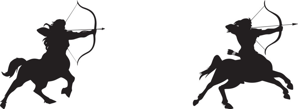 Silhouette of centaur archers aiming bows in dynamic action poses, mythical half human half horse warriors symbolizing power, focus, and ancient legend fantasy art on white background