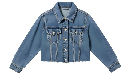 Cropped blue denim outerwear garment presents a classic collar and metal button closures
