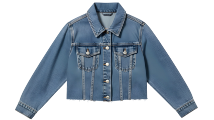 Cropped blue denim outerwear garment presents a classic collar and metal button closures