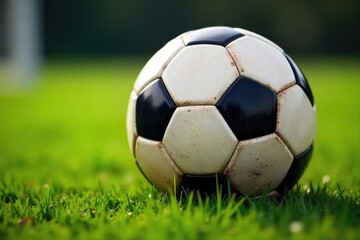 Fototapeta premium Close-up shot of a well-worn soccer ball, grass stains visible, ready for the next goal , outdoor, worn, grass