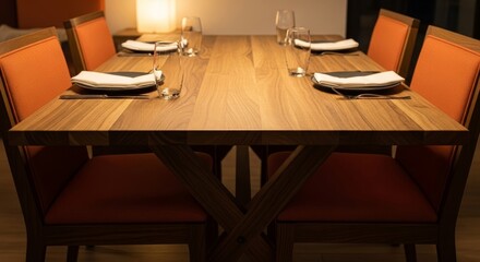 Elegantly Set Wooden Dining Table with Orange Accents and Ambient Lighting