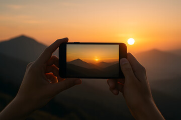 Hand Holding a Phone Displaying a Sunset
