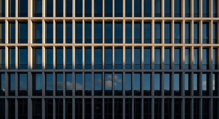 Geometric facade of a modern building with repeating window patterns