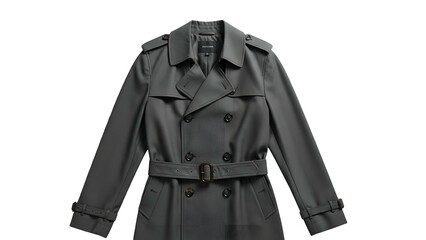 Classic double-breasted outerwear garment displayed against a solid dark background