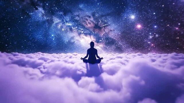 Silhouette of Person in Lotus Position Meditating Above Clouds Against Starry Sky Serene Meditation Scene with Dreamy Clouds and Ethereal Space Backdrop for Spiritual and Relaxing Visuals